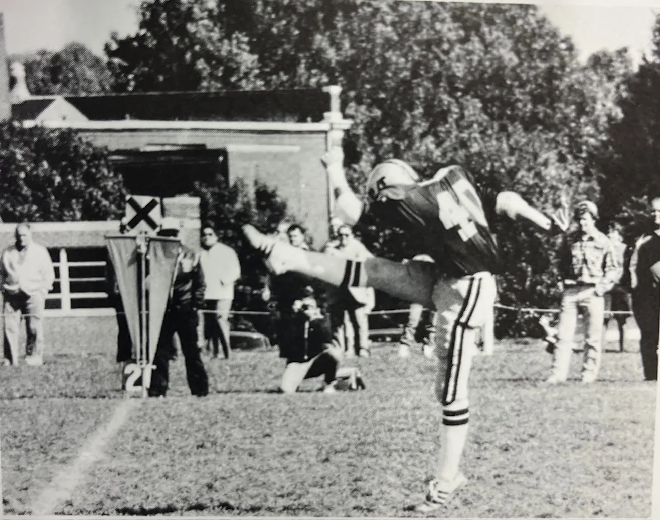 Malvern Prep kicker kicking the ball in 1983